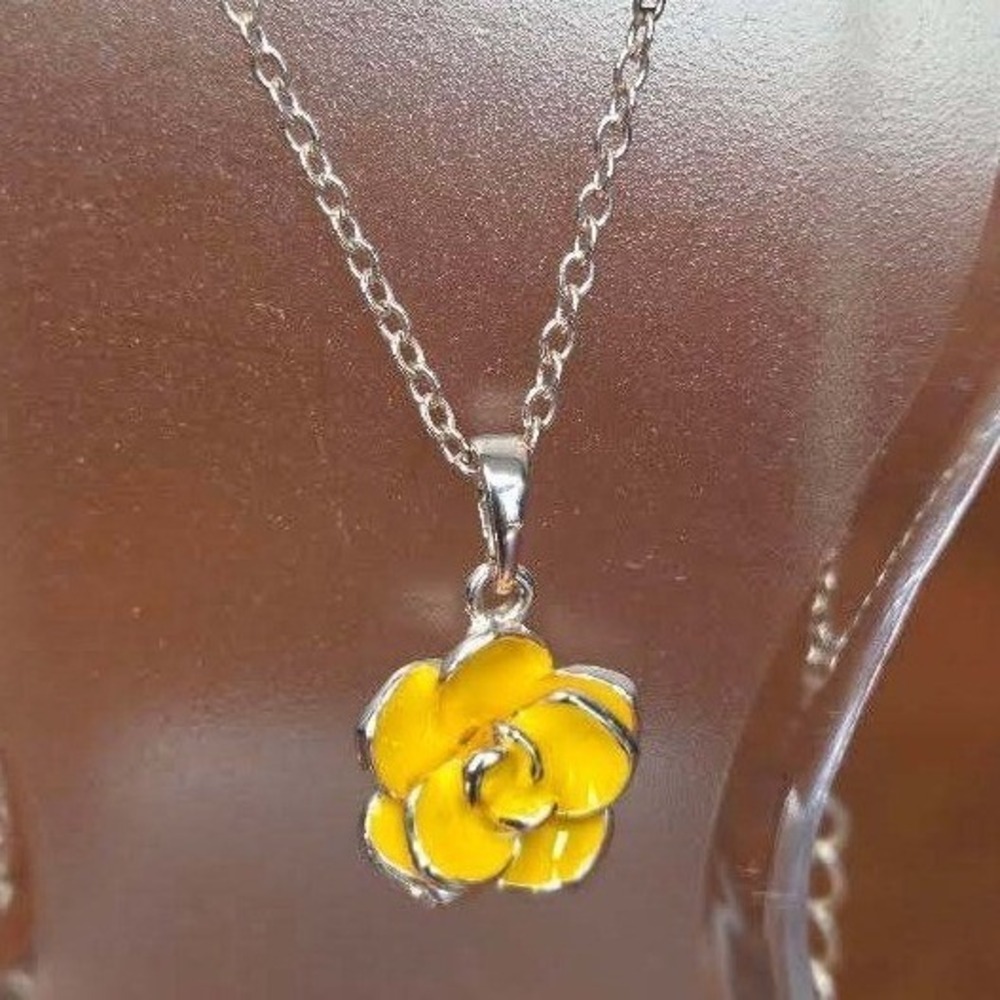 Yellow Rose Enamel Necklace and Bracelet Set rose Tone Floral Jewelry